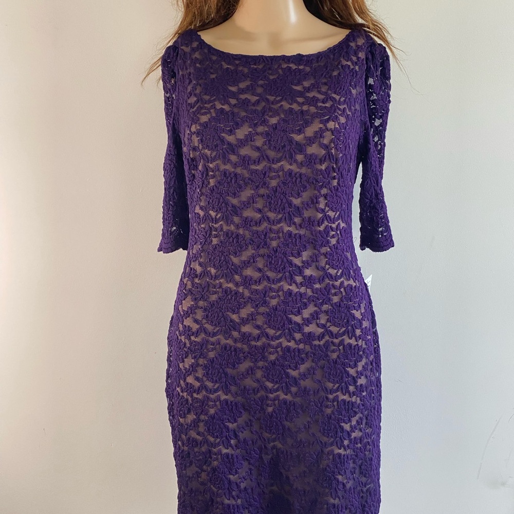 Dressbarn Purple Sheath Dress with 3/4 Sleeves and Bateau Neckline